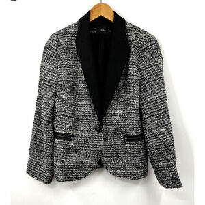Zara Tweed‎ Blazer One Button Heather Gray Black Long Sleeve Pockets Size Large